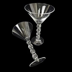 Pier 1 Set of 2 Mouth Blown Clear Martini Bubble Stem Glasses Barware/Cocktail